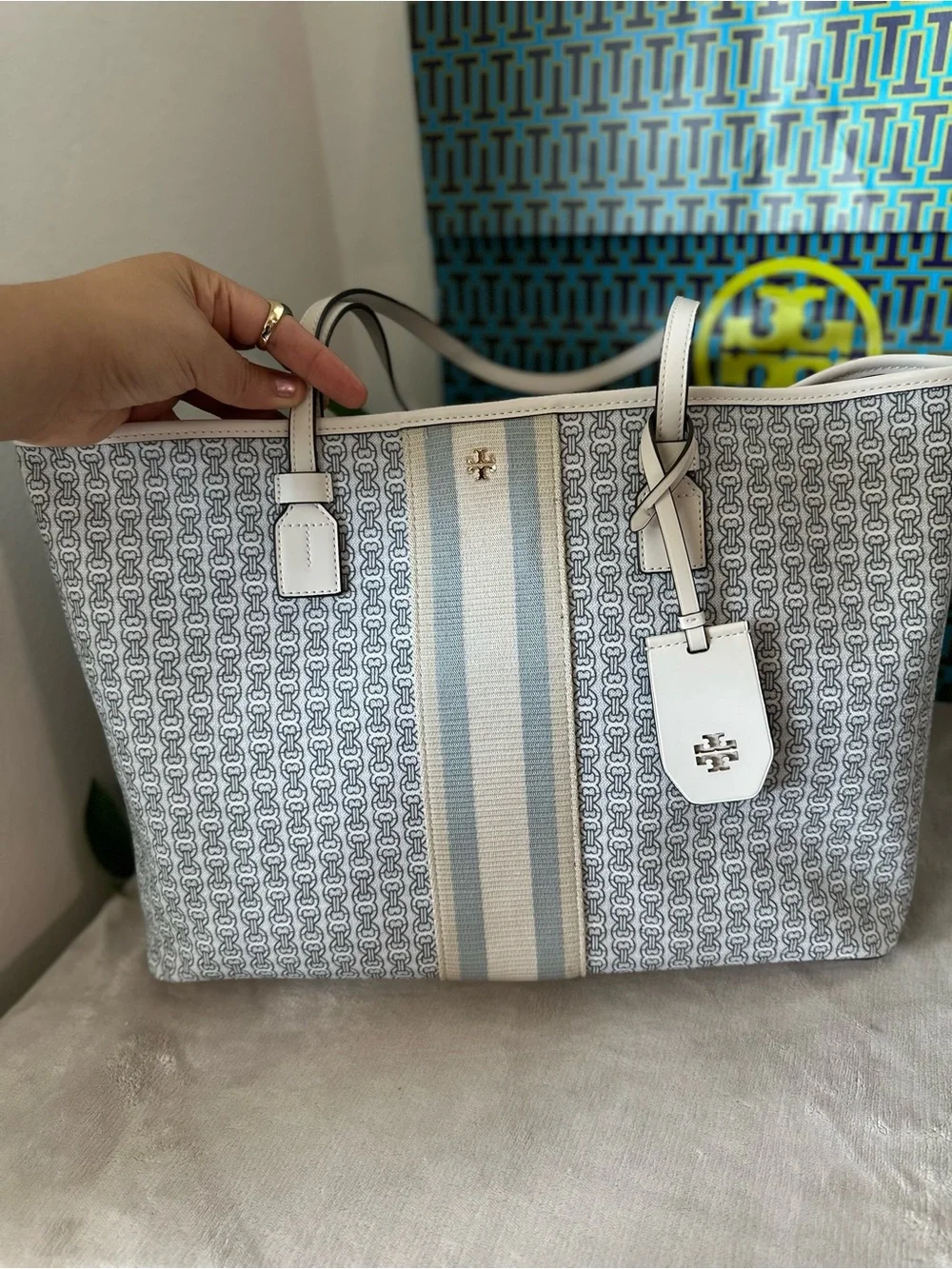 Tory Burch White & Light Blue Logo Stripe Tote